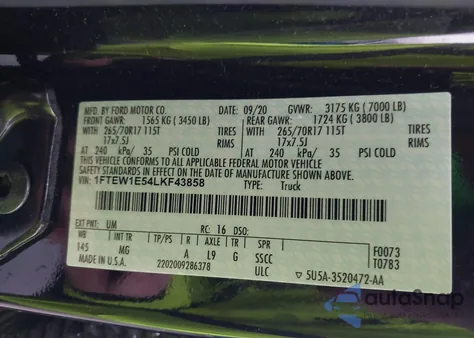 2020 Ford F-150 Xlt z USA, uszkodzony, nr VIN 1FTEW1E54LKF43858